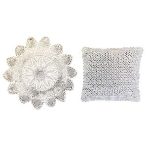 Handmade Crochet Vintage White 2 Doilies Table Topper Cover 9” Square 12” Round